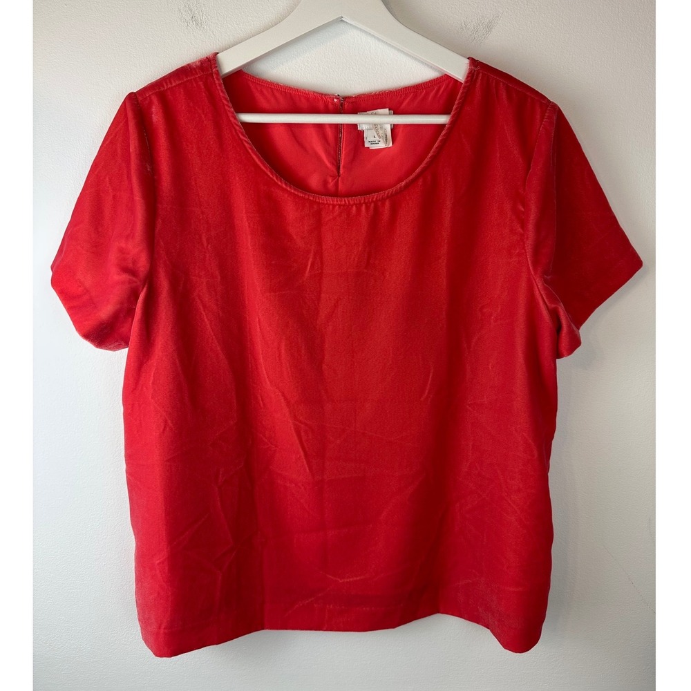 J. CREW Coral Red Short Sleeve Velvet Top Lightweight Soft Casual Large